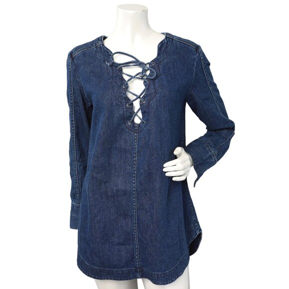 Free People Neapolitan Dreams Blue Denim Tunic Top Cotton Lace Up Shirt Boho - Picture 2 of 10